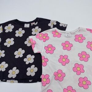 Zara Kids Short Sleeve Tees - Black with White Flowers & White with Pink Flowers